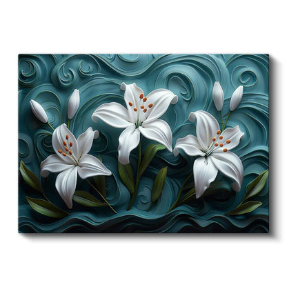 Beyaz Zambaklar - Turkuaz Dalgalı Dokulu Dekoratif Kanvas Tablo