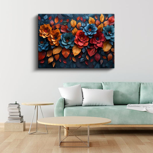 Renkli Çiçekler - Koyu Fonda Kabartma Görünümlü Yaprak Deseni Kanvas Tablo
