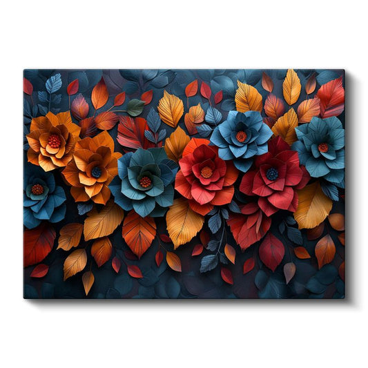 Renkli Çiçekler - Koyu Fonda Kabartma Görünümlü Yaprak Deseni Kanvas Tablo