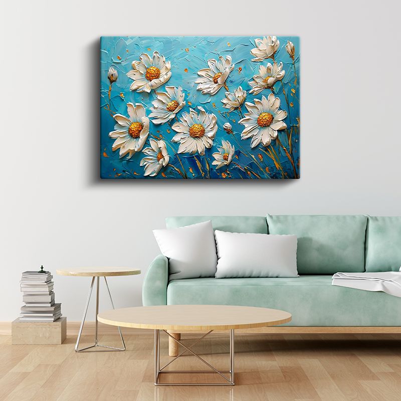 Beyaz Papatyalar - Turkuaz Fonda Kabartma Görünümlü Çiçek Deseni Kanvas Tablo