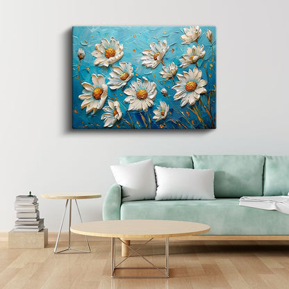 Beyaz Papatyalar - Turkuaz Fonda Kabartma Görünümlü Çiçek Deseni Kanvas Tablo