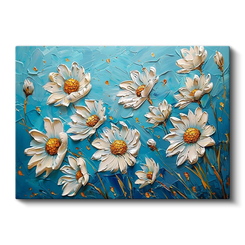Beyaz Papatyalar - Turkuaz Fonda Kabartma Görünümlü Çiçek Deseni Kanvas Tablo