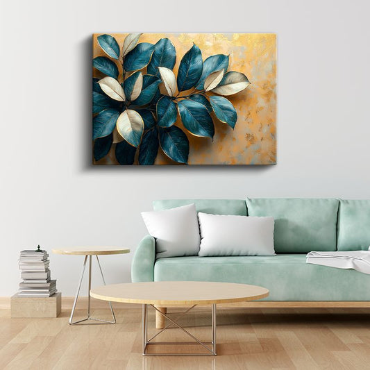 Mavi Yapraklar - Altın Fonda Dekoratif Bitki Kompozisyonu Kanvas Tablo