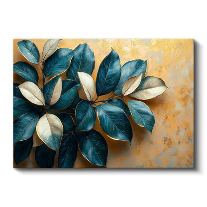 Mavi Yapraklar - Altın Fonda Dekoratif Bitki Kompozisyonu Kanvas Tablo