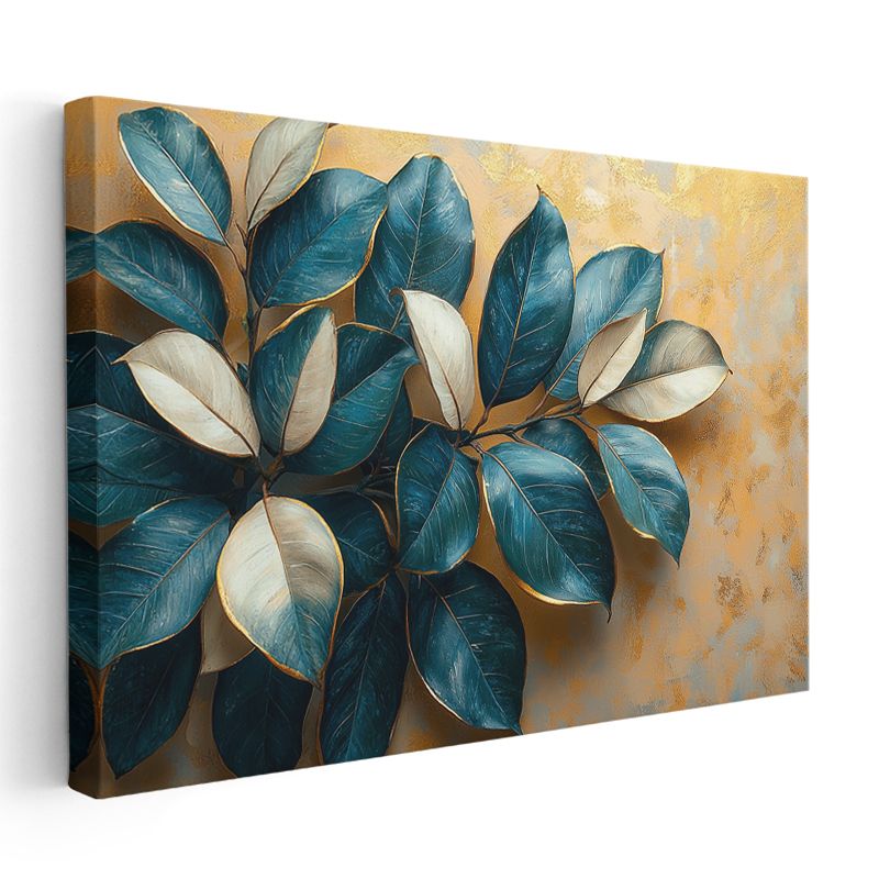 Mavi Yapraklar - Altın Fonda Dekoratif Bitki Kompozisyonu Kanvas Tablo