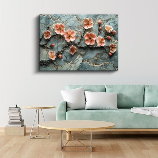 Pembe Çiçekler - Turkuaz Mermer Dokulu Kabartma Görünümlü Sanat Kanvas Tablo
