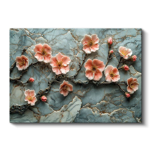 Pembe Çiçekler - Turkuaz Mermer Dokulu Kabartma Görünümlü Sanat Kanvas Tablo