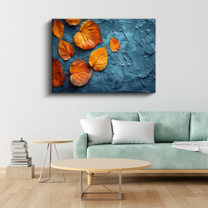 Sonbahar Yaprakları - Mavi Dokulu Fonda Turuncu Detaylar Kanvas Tablo