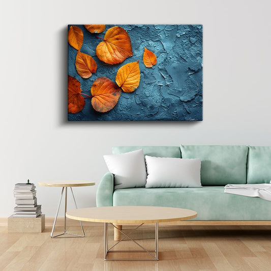 Sonbahar Yaprakları - Mavi Dokulu Fonda Turuncu Detaylar Kanvas Tablo