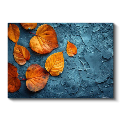Sonbahar Yaprakları - Mavi Dokulu Fonda Turuncu Detaylar Kanvas Tablo