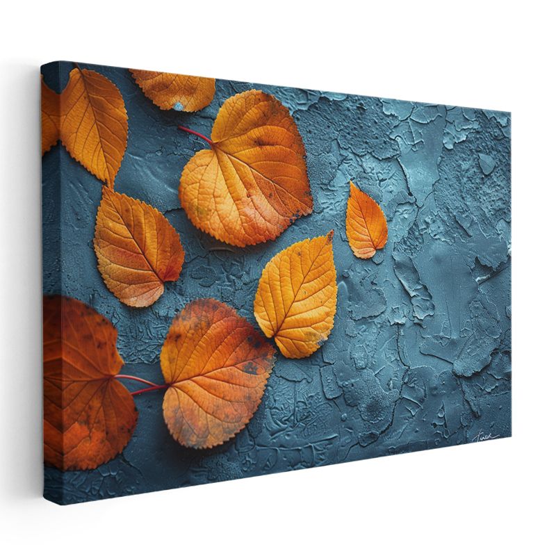 Sonbahar Yaprakları - Mavi Dokulu Fonda Turuncu Detaylar Kanvas Tablo