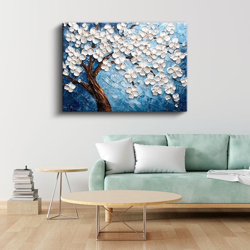 Beyaz Çiçek Ağacı - Mavi Fonda Kabartma Görünümlü Sanat Eseri Kanvas Tablo