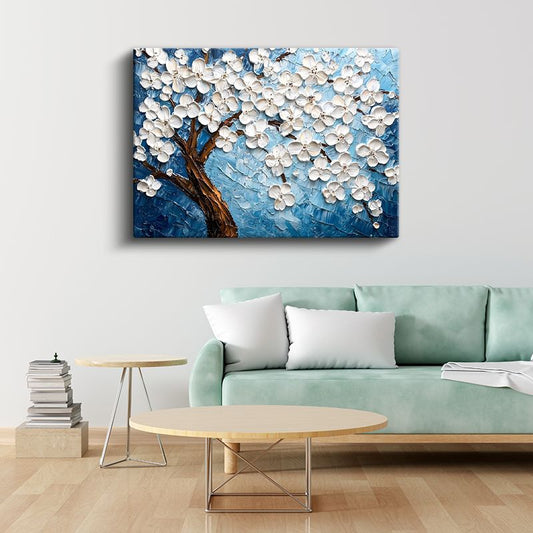 Beyaz Çiçek Ağacı - Mavi Fonda Kabartma Görünümlü Sanat Eseri Kanvas Tablo