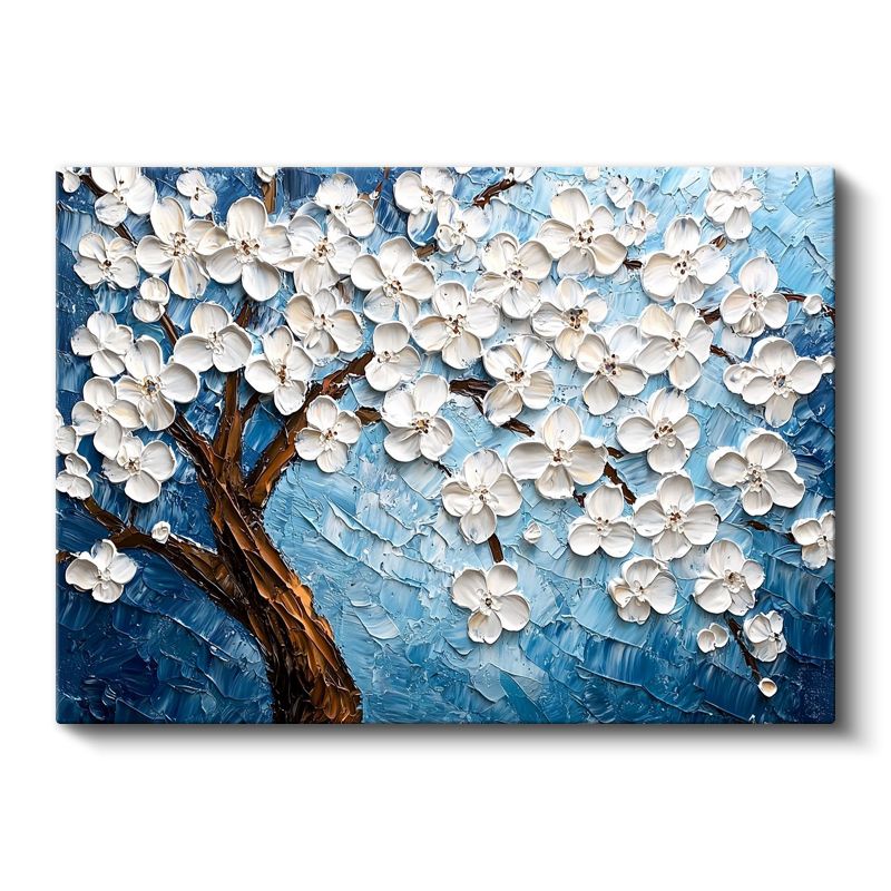 Beyaz Çiçek Ağacı - Mavi Fonda Kabartma Görünümlü Sanat Eseri Kanvas Tablo
