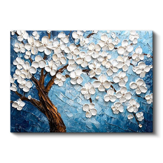 Beyaz Çiçek Ağacı - Mavi Fonda Kabartma Görünümlü Sanat Eseri Kanvas Tablo