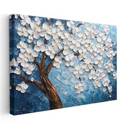 Beyaz Çiçek Ağacı - Mavi Fonda Kabartma Görünümlü Sanat Eseri Kanvas Tablo