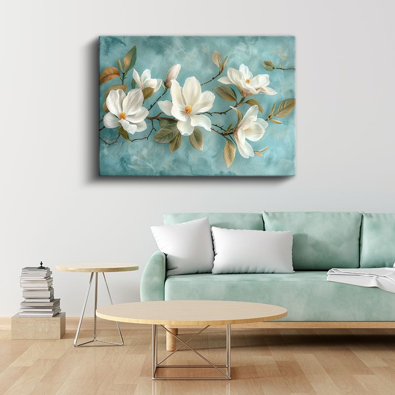 Beyaz Magnolya - Turkuaz Fonda Zarif Çiçek Dalı Kanvas Tablo