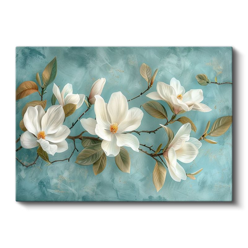 Beyaz Magnolya - Turkuaz Fonda Zarif Çiçek Dalı Kanvas Tablo