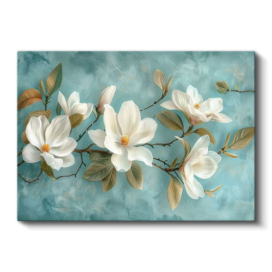 Beyaz Magnolya - Turkuaz Fonda Zarif Çiçek Dalı Kanvas Tablo