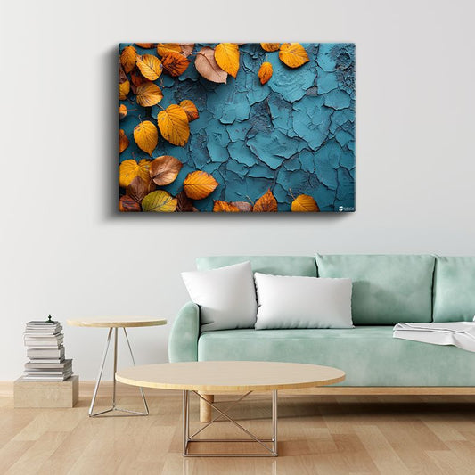 Sonbahar Yaprakları - Mavi Dokulu Zeminde Kontrast Kanvas Tablo