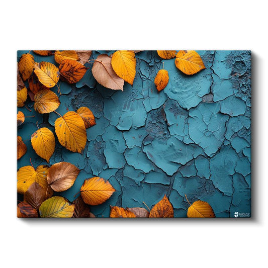 Sonbahar Yaprakları - Mavi Dokulu Zeminde Kontrast Kanvas Tablo