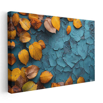 Sonbahar Yaprakları - Mavi Dokulu Zeminde Kontrast Kanvas Tablo