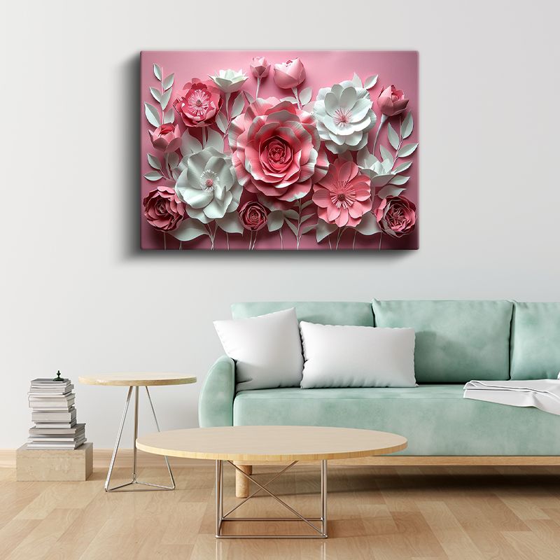 Pembe Beyaz Çiçekler - Pastel Fonda Kağıt Sanatı Kanvas Tablo