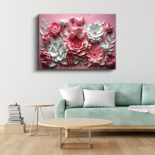 Pembe Beyaz Çiçekler - Pastel Fonda Kağıt Sanatı Kanvas Tablo