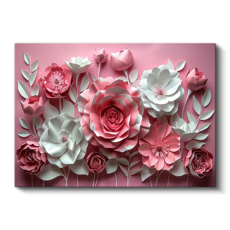 Pembe Beyaz Çiçekler - Pastel Fonda Kağıt Sanatı Kanvas Tablo