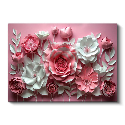 Pembe Beyaz Çiçekler - Pastel Fonda Kağıt Sanatı Kanvas Tablo