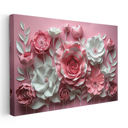 Pembe Beyaz Çiçekler - Pastel Fonda Kağıt Sanatı Kanvas Tablo