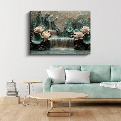 Dağ Manzaralı Nilüferler - Kabartma Görünümlü Doğa Kompozisyonu Kanvas Tablo