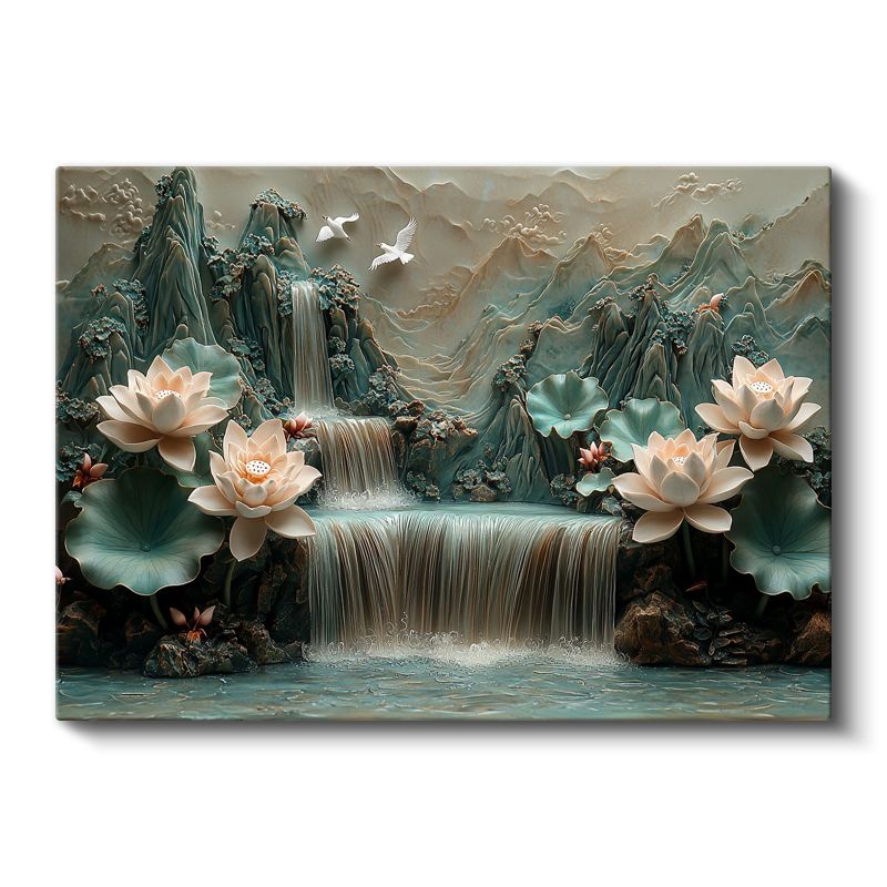 Dağ Manzaralı Nilüferler - Kabartma Görünümlü Doğa Kompozisyonu Kanvas Tablo