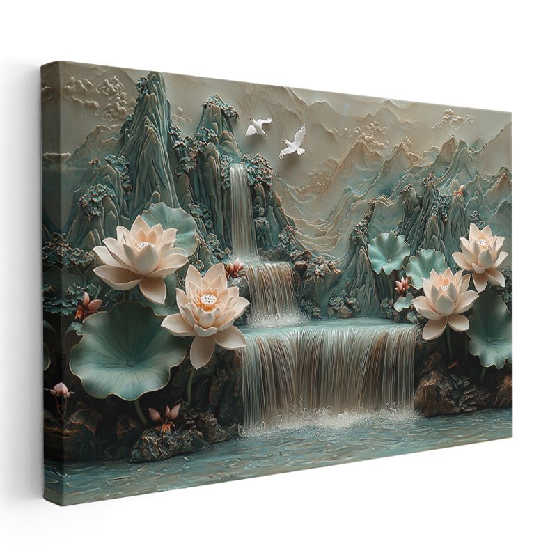 Dağ Manzaralı Nilüferler - Kabartma Görünümlü Doğa Kompozisyonu Kanvas Tablo