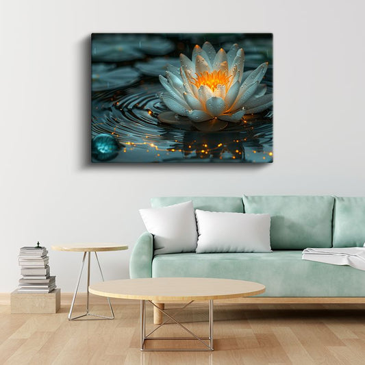 Işıklı Nilüfer - Su Üzerinde Altın Detaylı Çiçek Kanvas Tablo