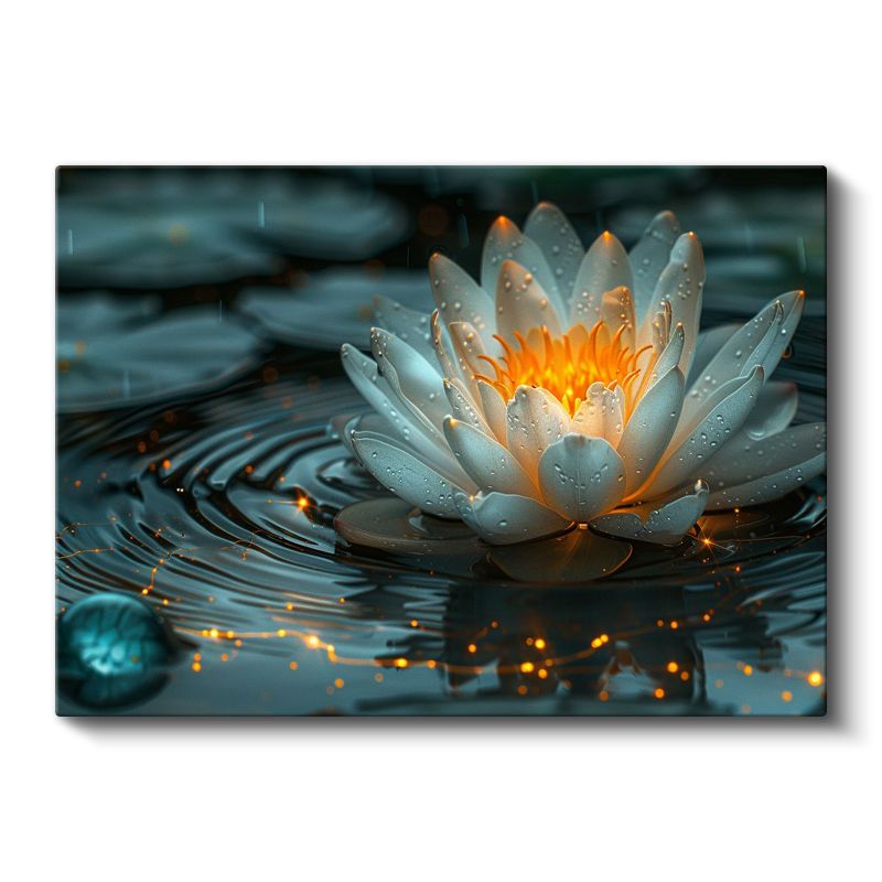 Işıklı Nilüfer - Su Üzerinde Altın Detaylı Çiçek Kanvas Tablo