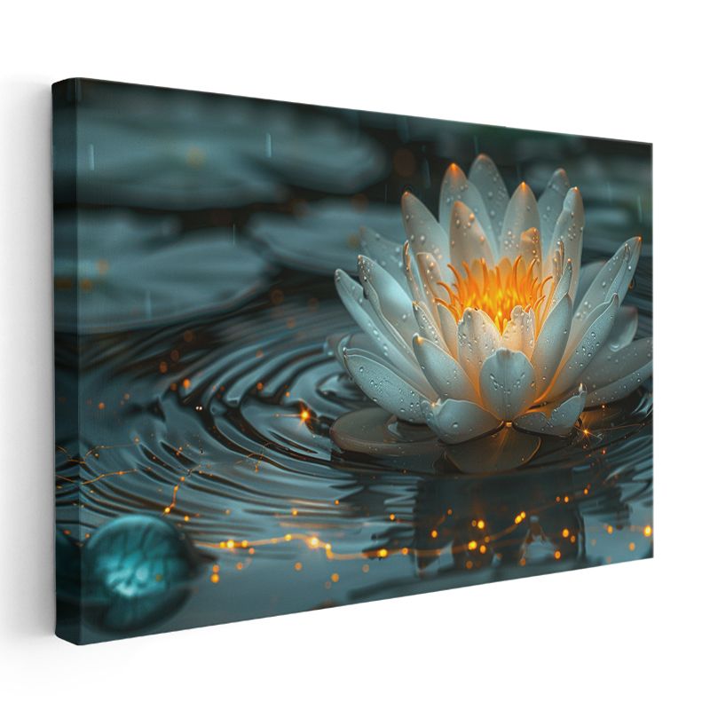 Işıklı Nilüfer - Su Üzerinde Altın Detaylı Çiçek Kanvas Tablo
