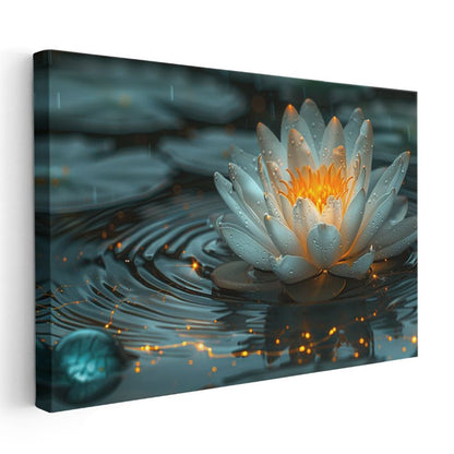 Işıklı Nilüfer - Su Üzerinde Altın Detaylı Çiçek Kanvas Tablo