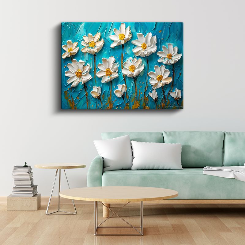 Beyaz Papatyalar - Turkuaz Fonda Kabartma Görünümlü Çiçek Deseni Kanvas Tablo