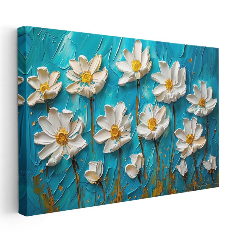 Beyaz Papatyalar - Turkuaz Fonda Kabartma Görünümlü Çiçek Deseni Kanvas Tablo