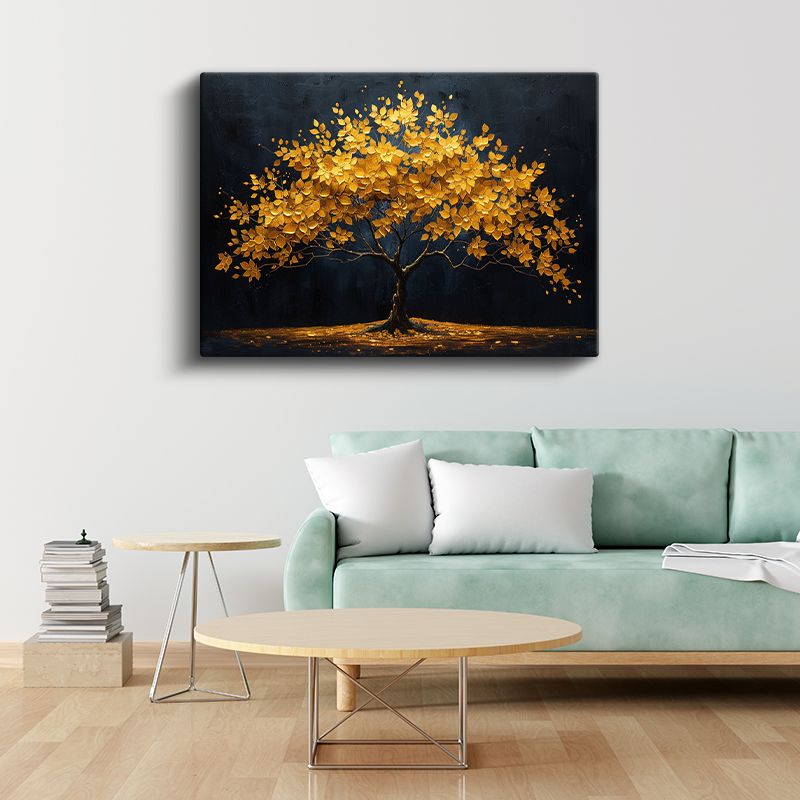 Altın Yapraklı Ağaç - Siyah Fonda Işıltılı Dekoratif Kanvas Tablo