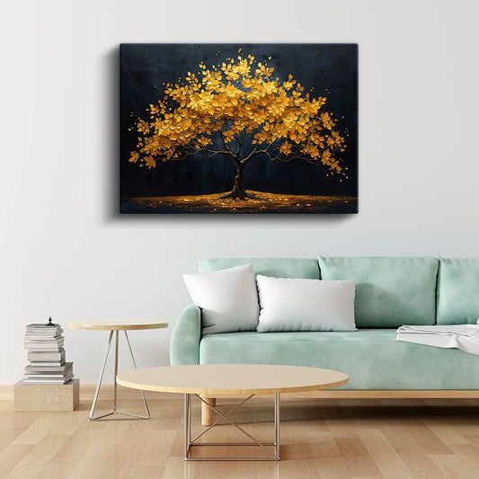 Altın Yapraklı Ağaç - Siyah Fonda Işıltılı Dekoratif Kanvas Tablo