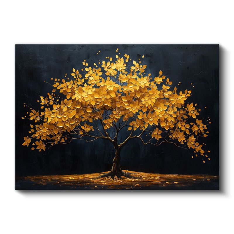 Altın Yapraklı Ağaç - Siyah Fonda Işıltılı Dekoratif Kanvas Tablo