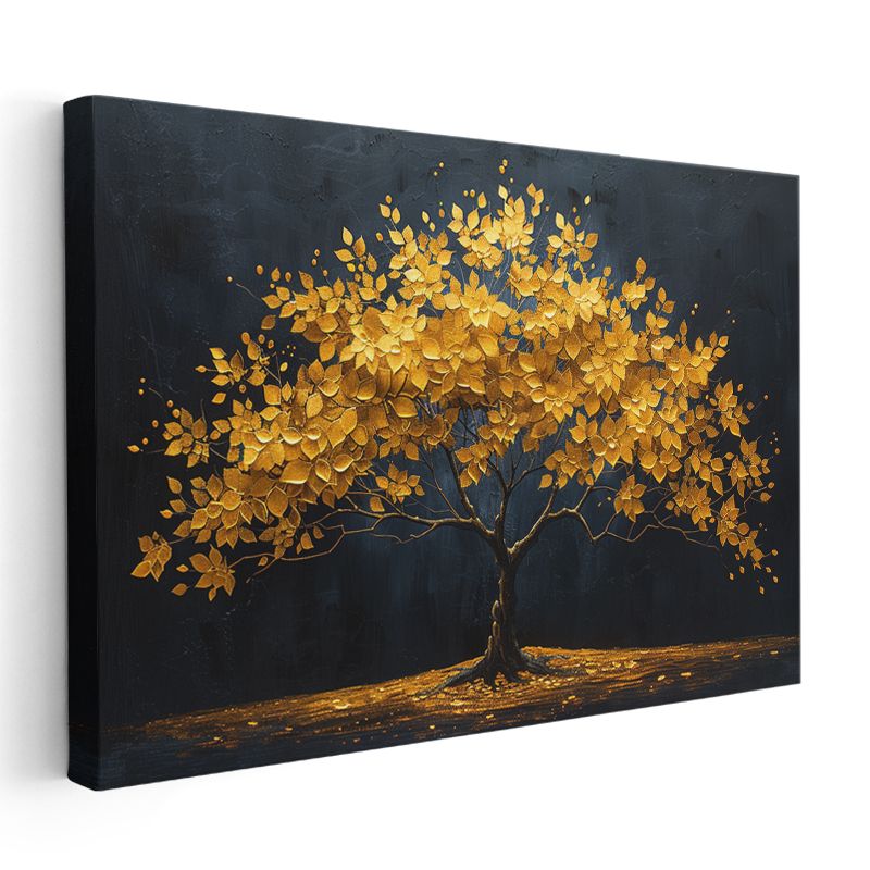 Altın Yapraklı Ağaç - Siyah Fonda Işıltılı Dekoratif Kanvas Tablo