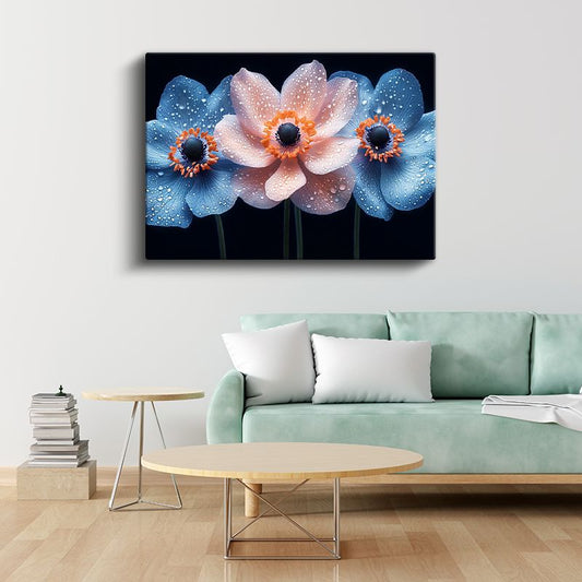 Renkli Anemonlar - Siyah Fonda Çiy Damlacıklı Çiçekler Kanvas Tablo