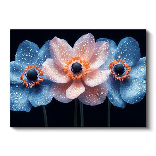 Renkli Anemonlar - Siyah Fonda Çiy Damlacıklı Çiçekler Kanvas Tablo
