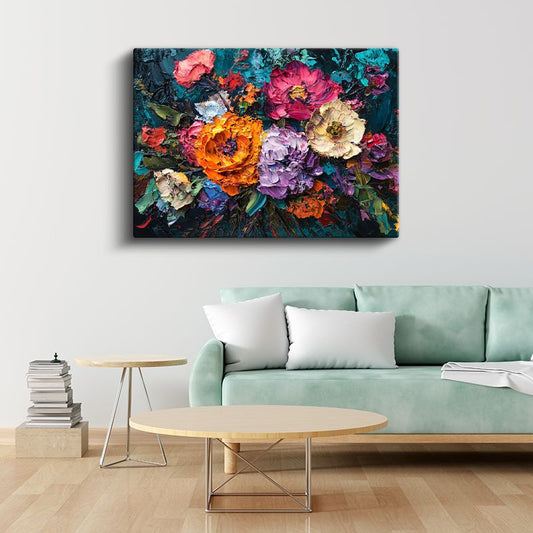 Renkli Çiçek Buketi - Koyu Fonda Yağlı Boya Tekniği Kanvas Tablo