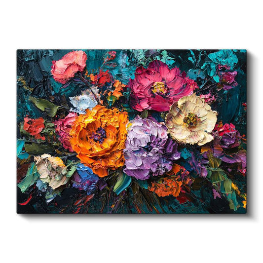 Renkli Çiçek Buketi - Koyu Fonda Yağlı Boya Tekniği Kanvas Tablo