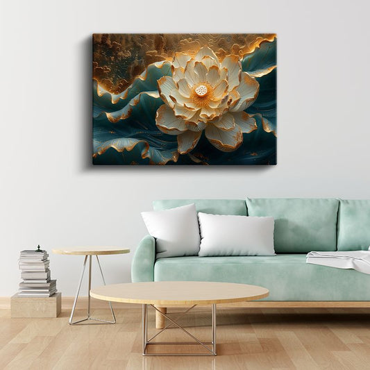 Turkuaz Nilüfer - Altın Detaylı Lüks Çiçek Sanatı Kanvas Tablo