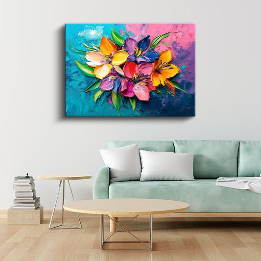 Renkli Zambaklar - Mavi Pembe Fonda Canlı Buket Kanvas Tablo